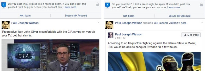 Screenshots posted by InfoWars writer Paul Joseph Watson showing his posts being marked as spam when they should clearly be marked as bullshit (Twitter)